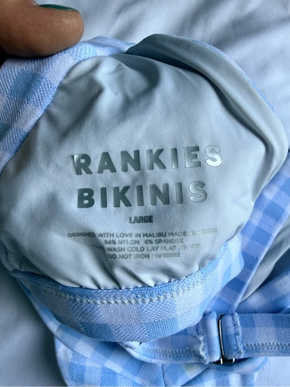 Frankies Bikinis Light Blue Gingham Bikini Top Large Bottom Small